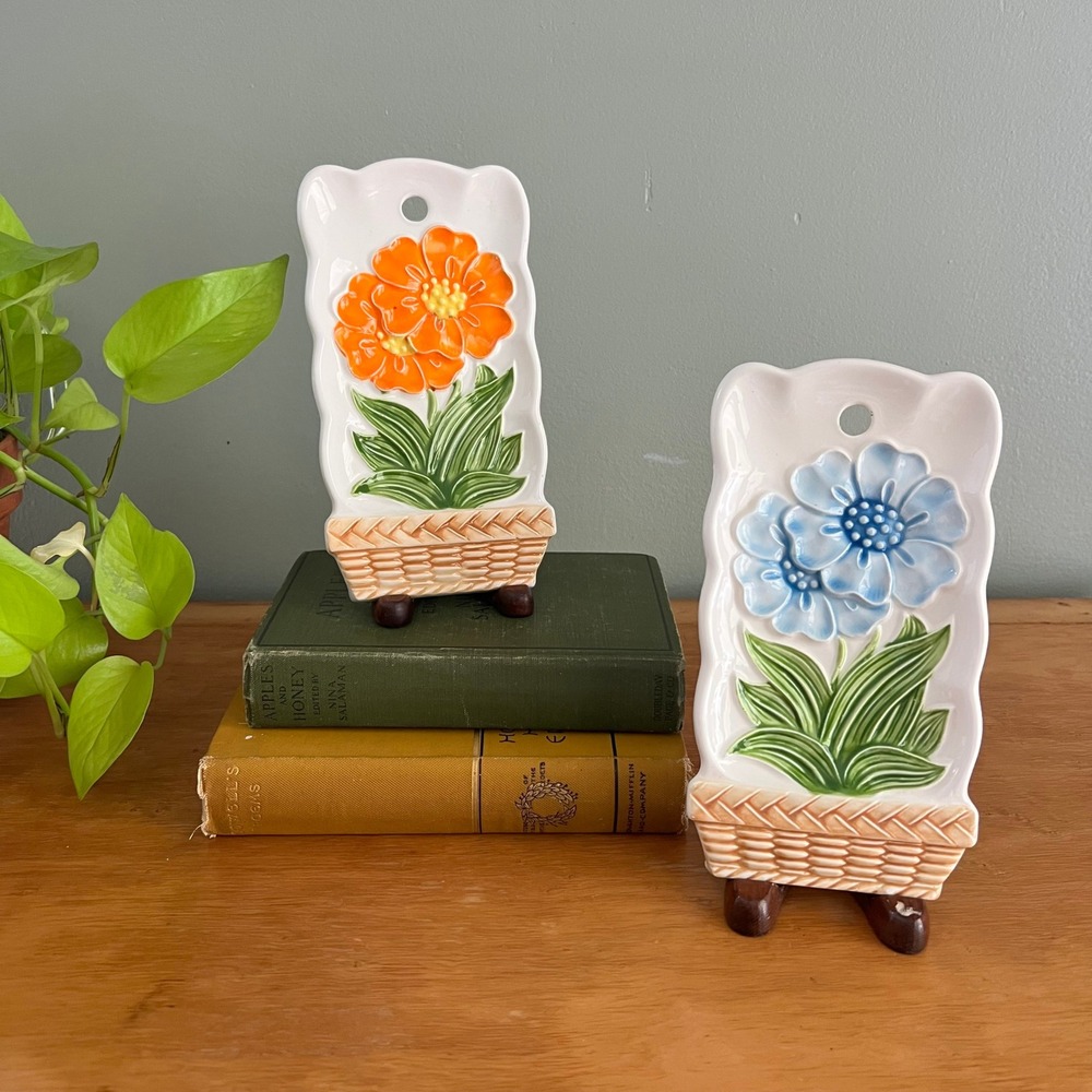 Vintage Ceramic Floral Spoon Rests Wall Decor Set of 2 Japan Orange Blue 8x4